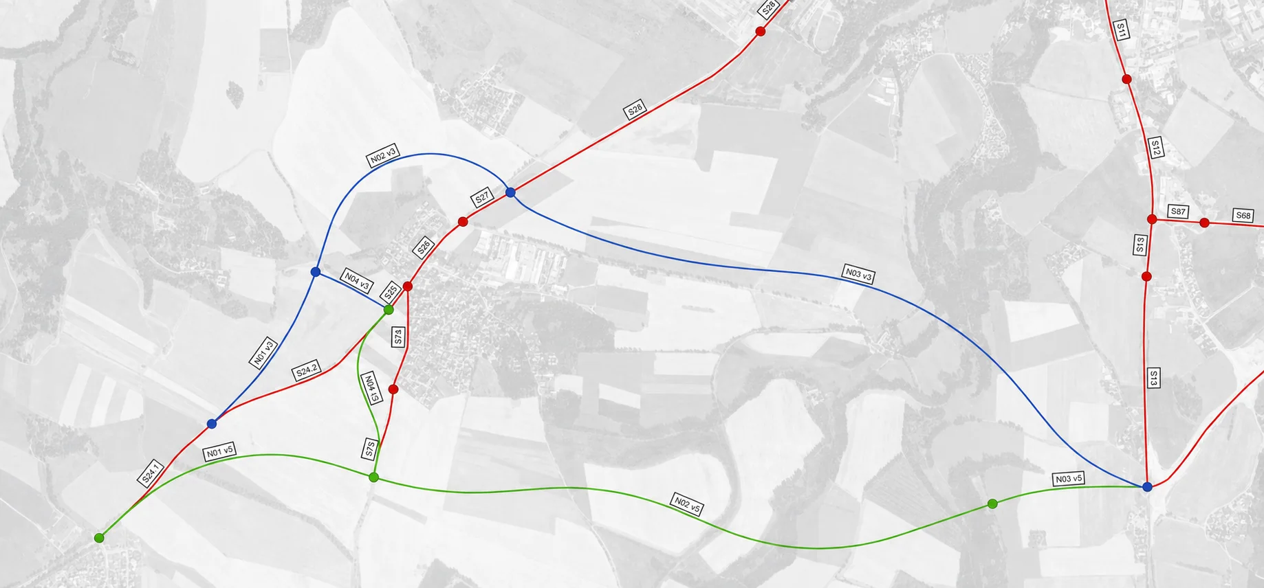 Mapové porovnání tras varianty 3 a varianty 5 jihozápadního obchvatu